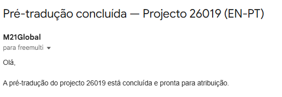 An email notification whose subject line shows a pre-translation job has finished, with addresses and project identifiers blurred