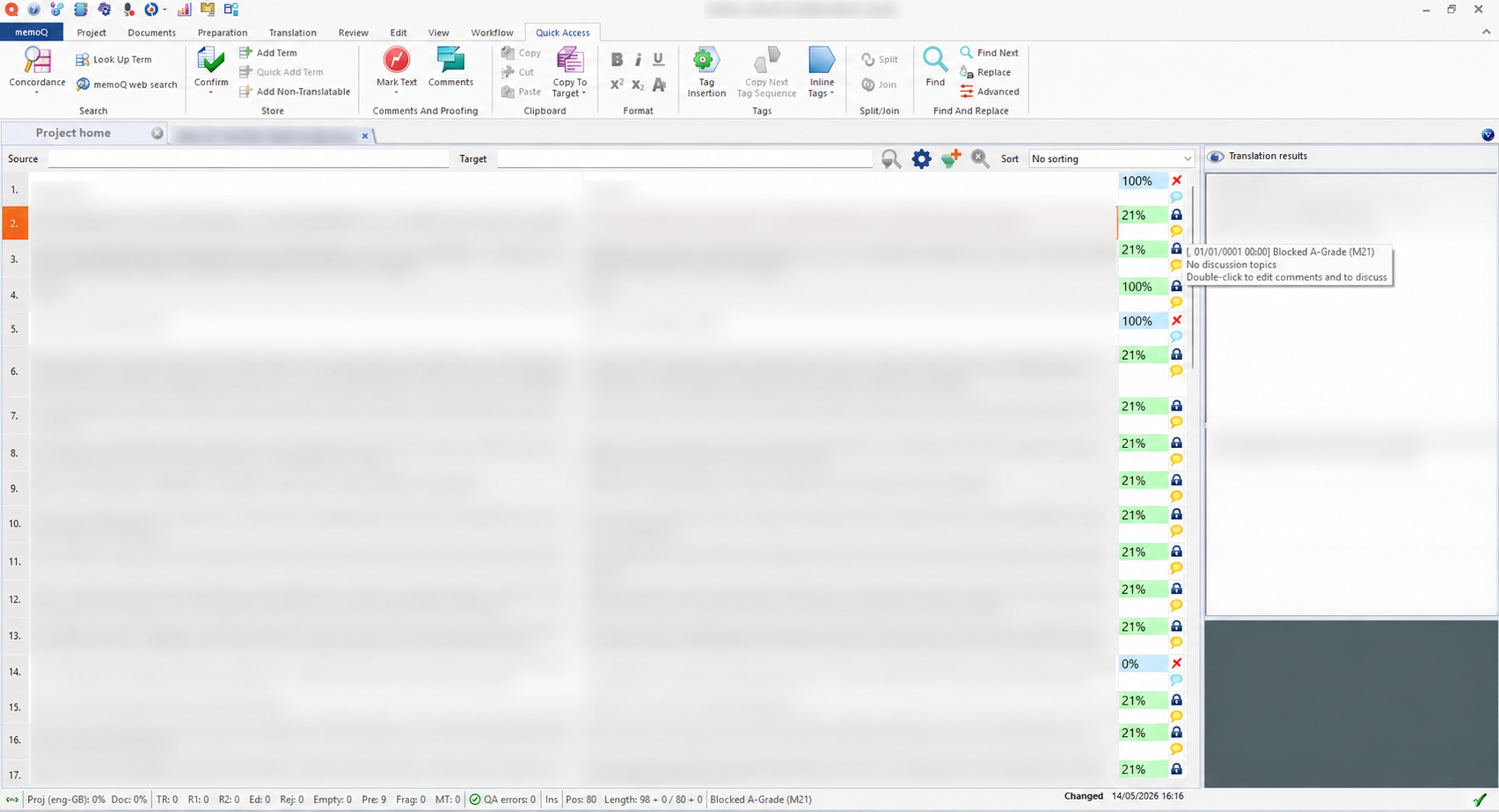 The lock follows the grade, not the match rate: a machine-translated segment ships locked and pre-confirmed, while a 100% memory match that missed a locking gate arrives open for review. Client and project identifiers redacted. memoQ grid of a delivered file with source and target text blurred: several segments show padlock icons and confirmed status, including machine-translated segments at 21% match, while a 100% translation-memory match appears unlocked; a tooltip reads "Blocked A-Grade (M21)".